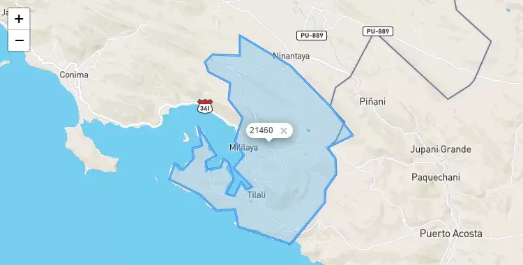 Mapa de la zona del código postal 21460 en Tilali, Puno