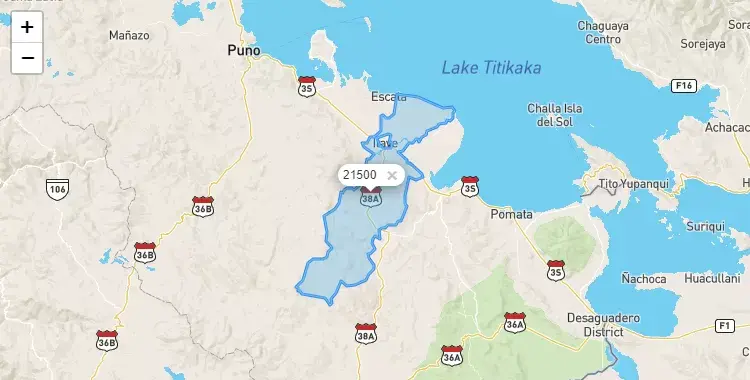 Mapa de la zona del código postal 21500 en Ilave, Puno