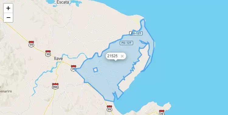 Mapa de la zona del código postal 21525 en Pilcuyo, Puno