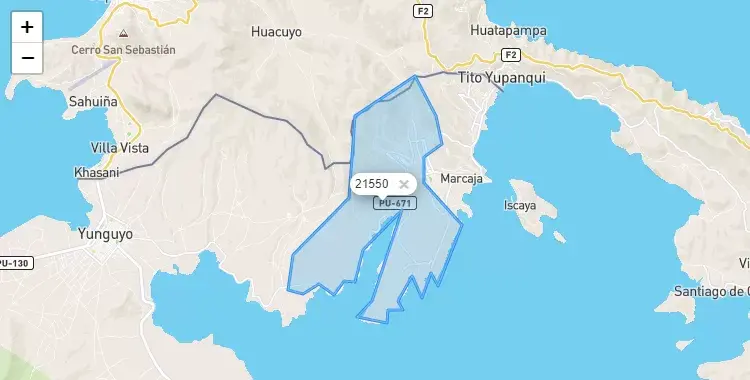 Mapa de la zona del código postal 21550 en Ollaraya, Puno