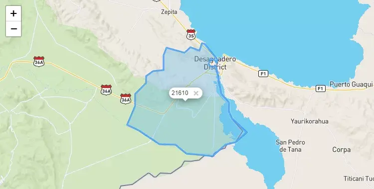 Mapa de la zona del código postal 21610 en Desaguadero, Puno
