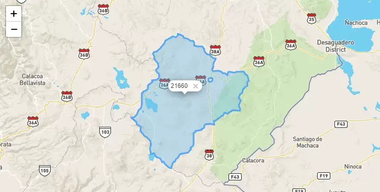 Mapa de la zona del código postal 21660 en Santa Rosa, Puno