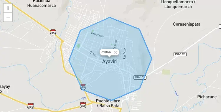 Mapa de la zona del código postal 21866 en Ayavarí, Puno