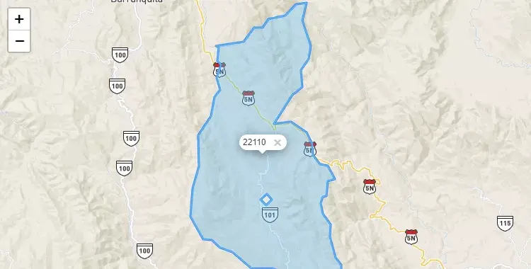 Mapa de la zona del código postal 22110 en Alonso de Alvarado, San Martín