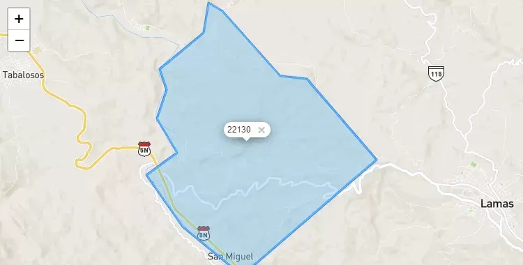 Mapa de la zona del código postal 22130 en Shanao, San Martín