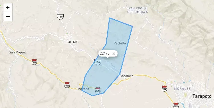 Mapa de la zona del código postal 22170 en Rumisapa, San Martín