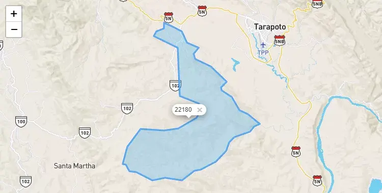 Mapa de la zona del código postal 22180 en Cuñumbuqui, San Martín
