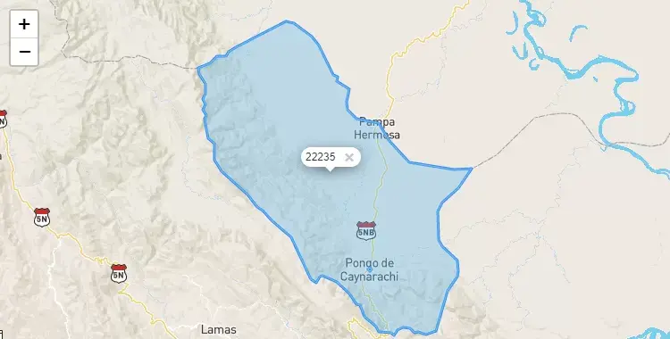 Mapa de la zona del código postal 22235 en Caynarachi, San Martín