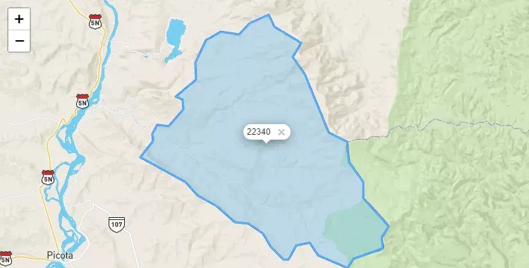 Mapa de la zona del código postal 22340 en Tres Unidos, San Martín