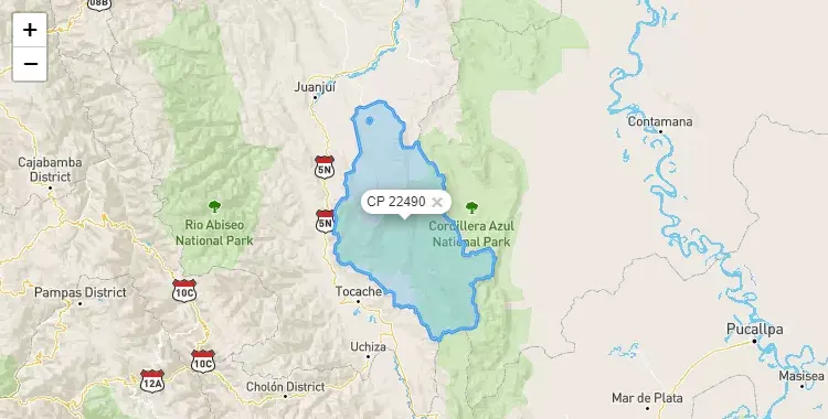 Mapa de la zona del código postal 22490 en Alto Biavo, San Martín