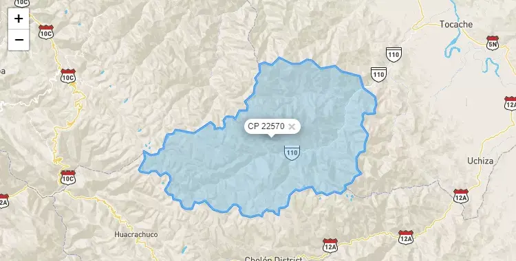 Mapa de la zona del código postal 22570 en Shunte, San Martín