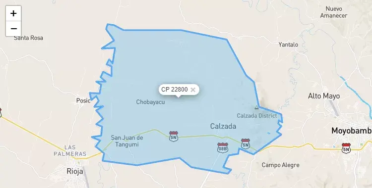 Mapa de la zona del código postal 22800 en Calzada, San Martín