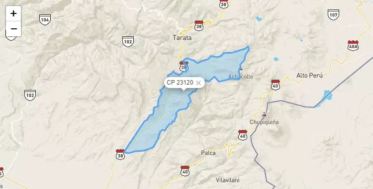 Mapa de la zona del código postal 23120 en Estique, Tacna