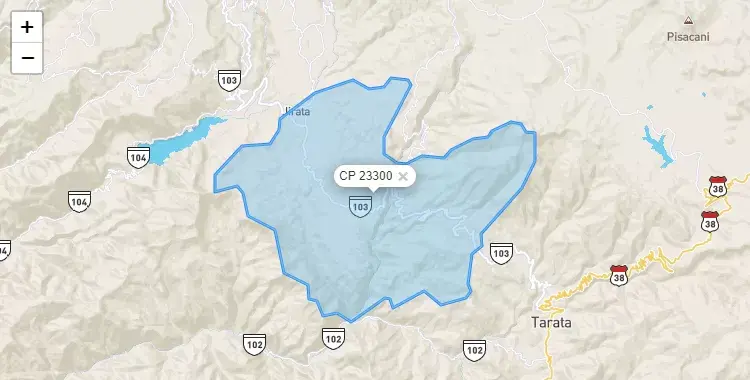 Mapa de la zona del código postal 23300 en Sitajara, Tacna