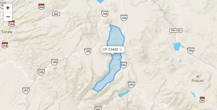 Mapa de la zona del código postal 23440 en Cairani, Tacna