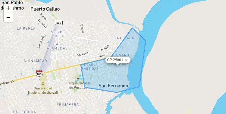 Mapa de la zona del código postal 25001 en Callería, Ucayali