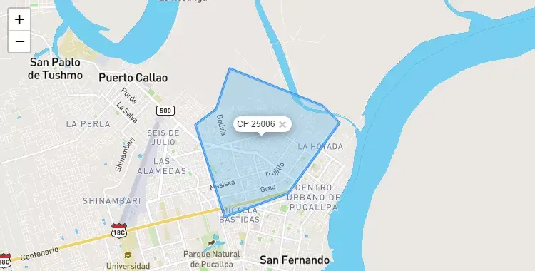Mapa de la zona del código postal 25006 en Callería, Ucayali