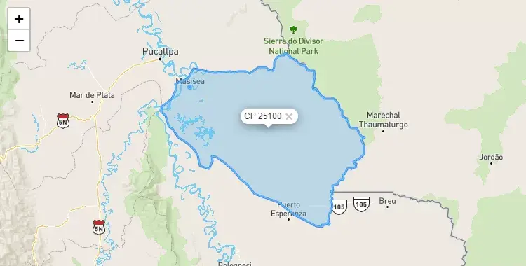 Mapa de la zona del código postal 25100 en Masisea, Ucayali