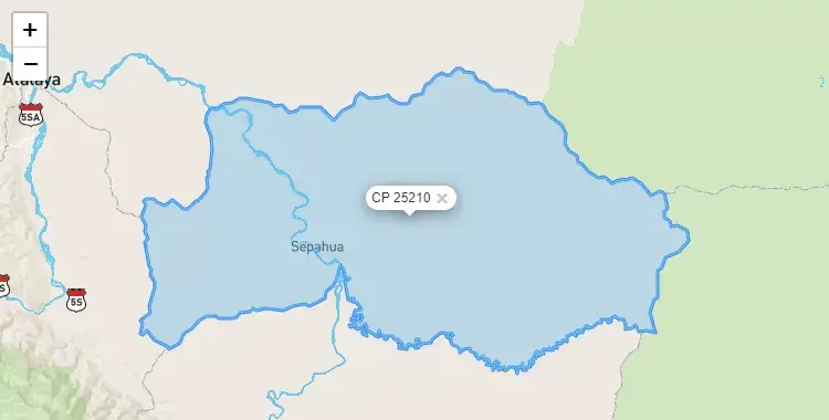 Mapa de la zona del código postal 25210 en Sepahua, Ucayali