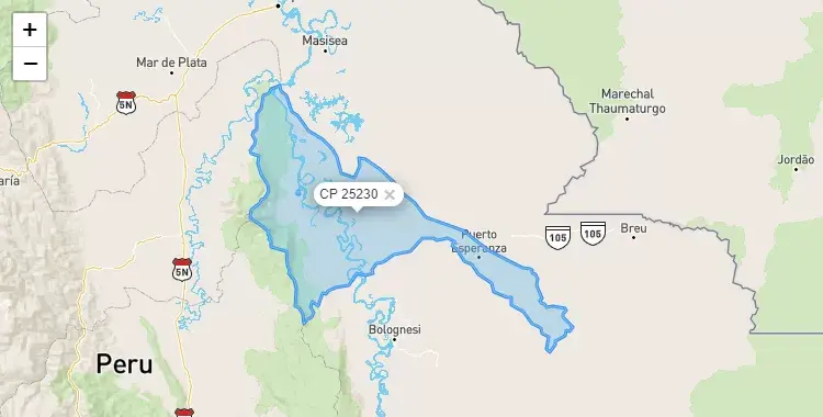 Mapa de la zona del código postal 25230 en Iparía, Ucayali